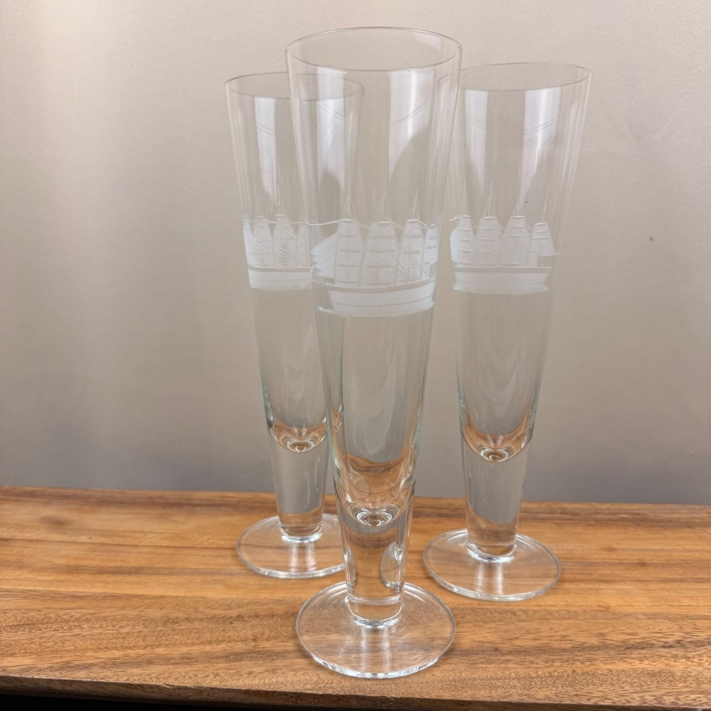 Toscany Etched Clipper Ship Tall Pilsner Glasses Set of 3 Nautical Clear Glass